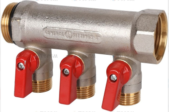 SMB 6210 011203 STOUT Коллектор с шаровыми кранами 1 , 3 отвода 1/2 (красные ручки) (6200R6N1004R3B)