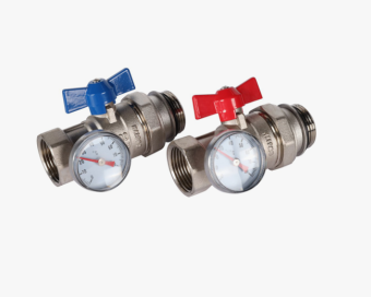 Кран шар 1" г/ш с американкой с термометром, красная бабочка ROMMER